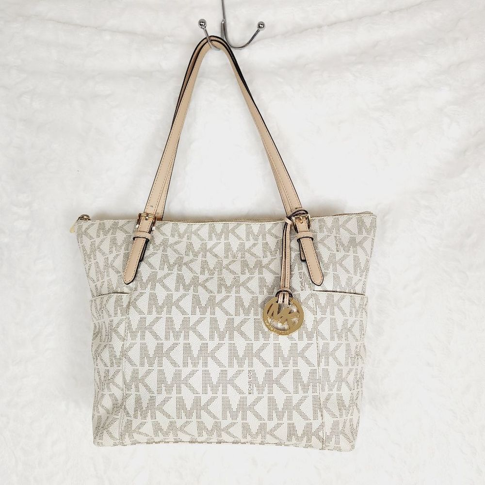 Michael Kors Jet Set EW Signature Top Zip Vanilla PVC Tote purse bag MK